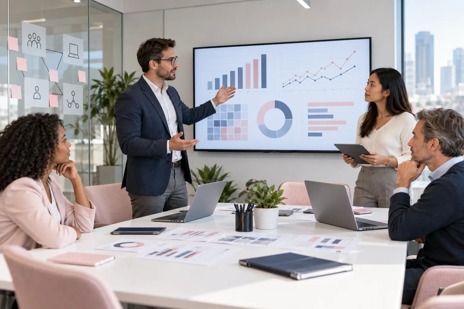 Business professionals collaborating on Amazon FBA strategy planning in modern office