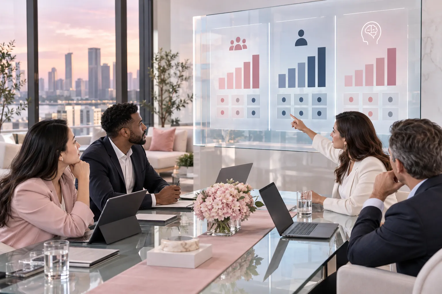 Business professionals collaborating on ranking Amazon seller networks in modern office