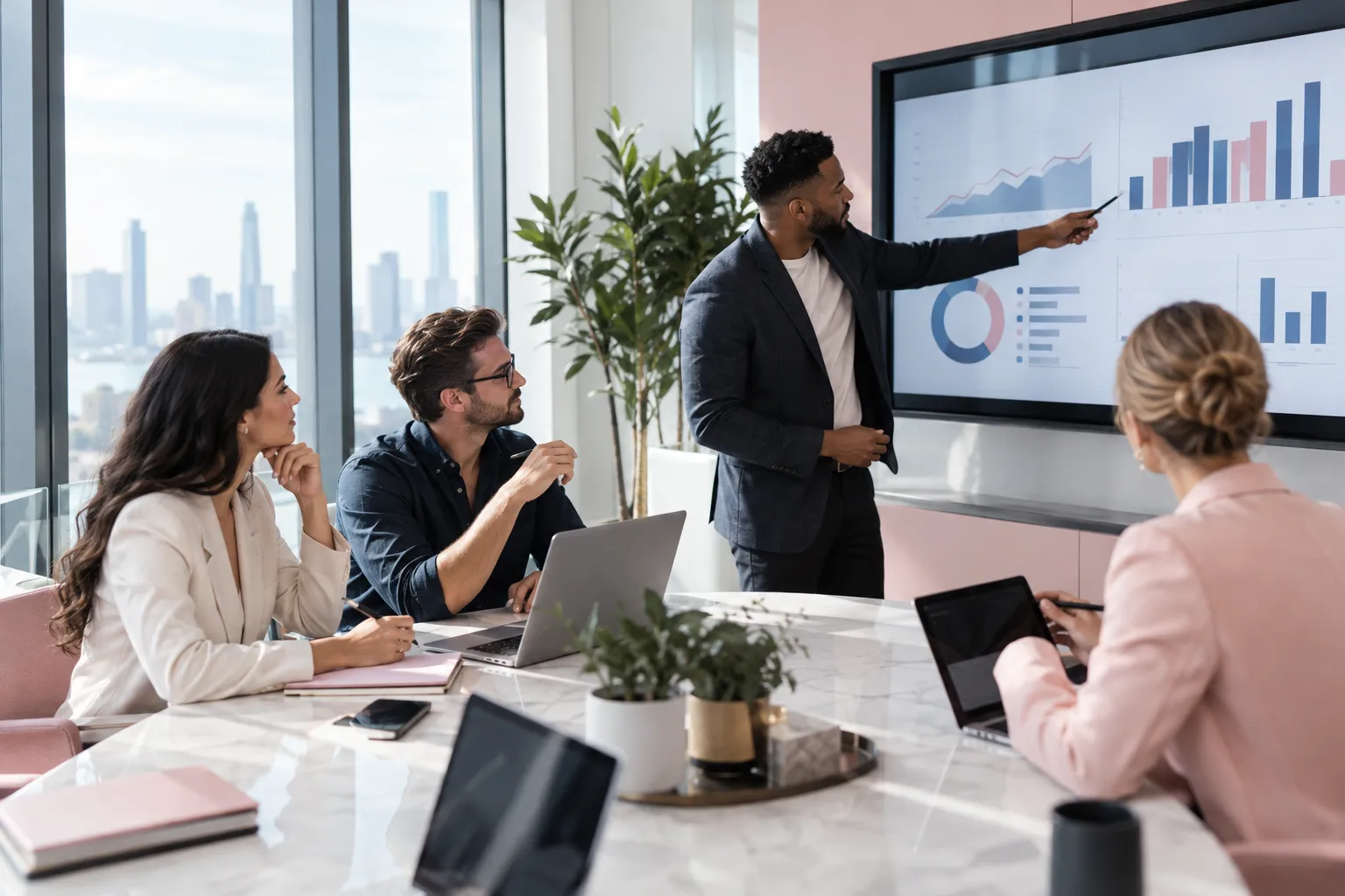 Business professionals collaborating on ROI calculations in a modern office