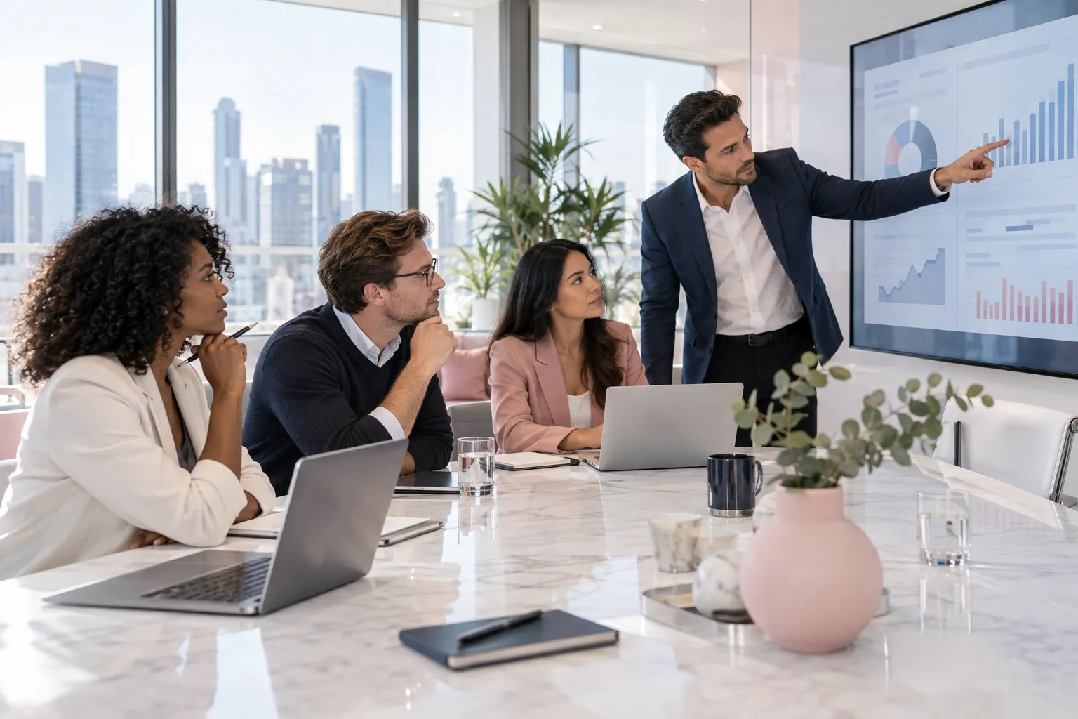 Professional business team collaborating on Amazon FBA strategy in modern office