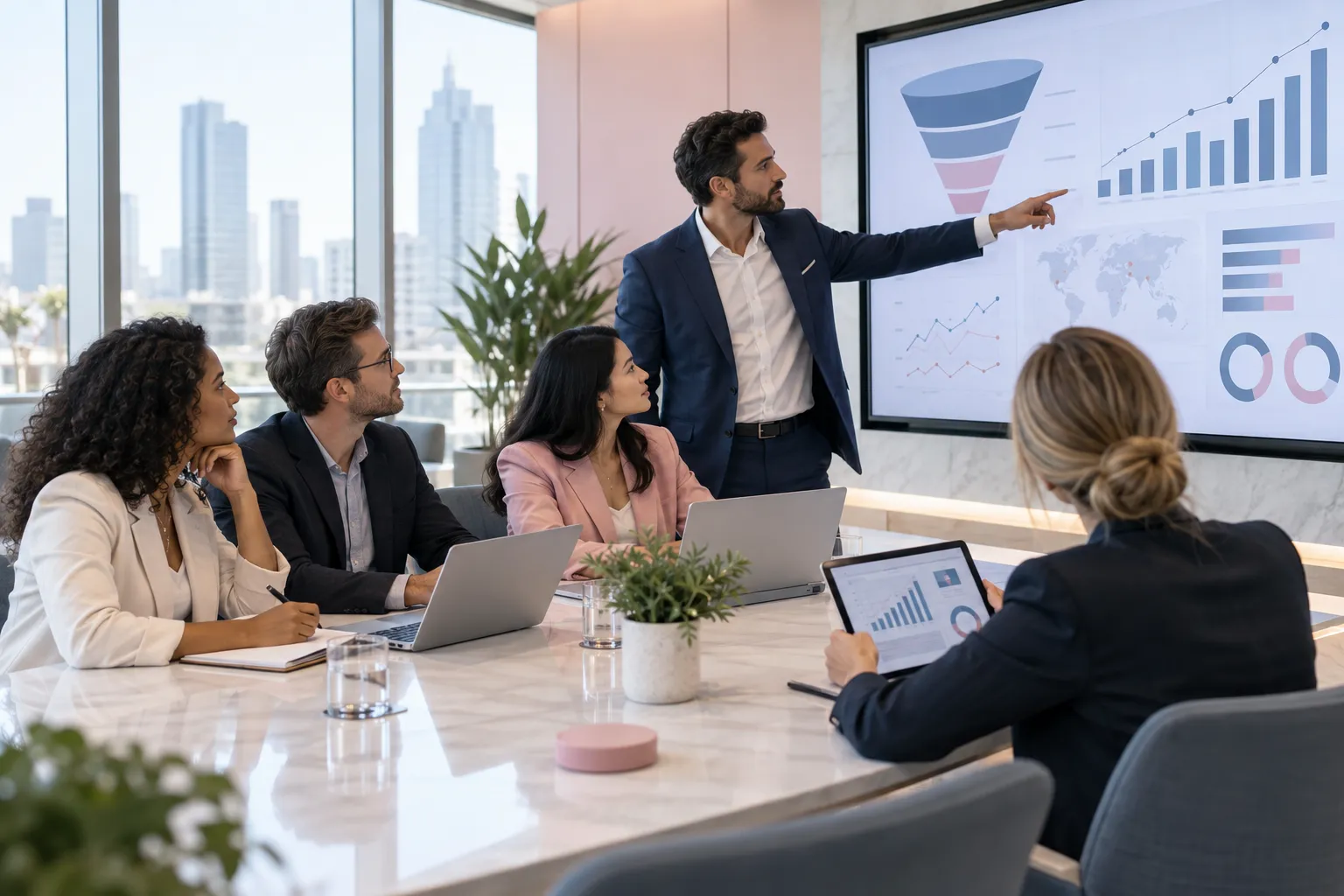 Business professionals collaborating on strategy planning in modern office