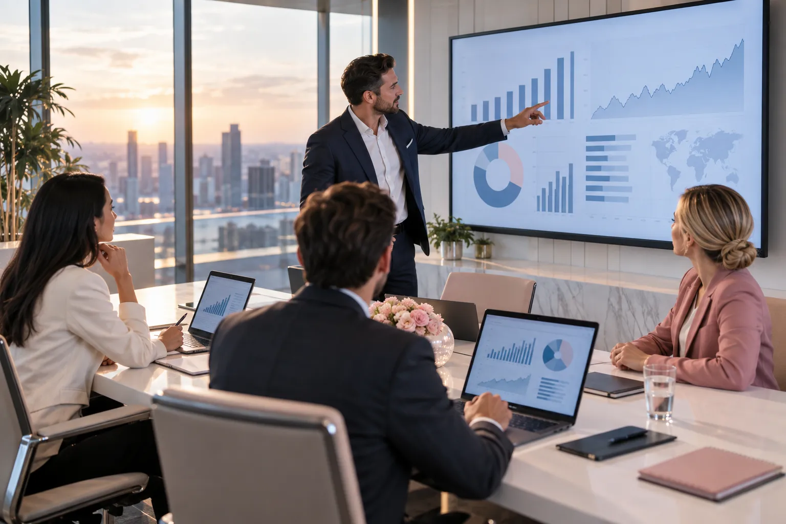 Business professionals collaborating on strategic planning in modern office