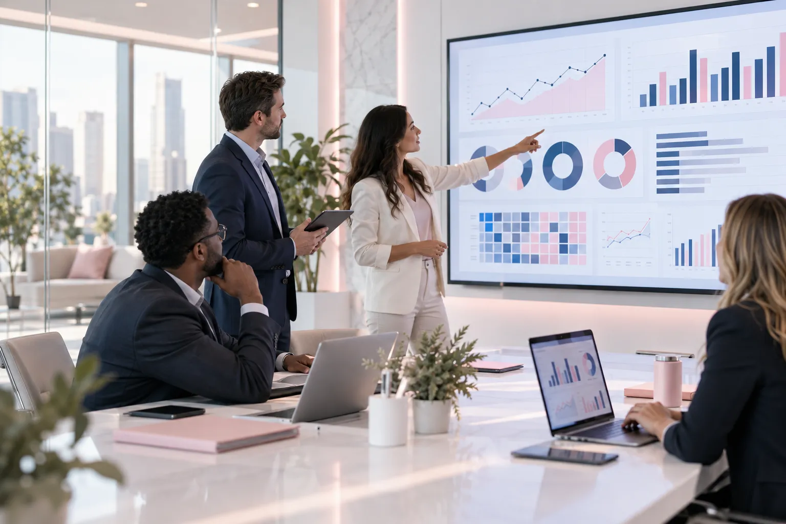 Professional Amazon sellers collaborating on PPC strategy in modern office
