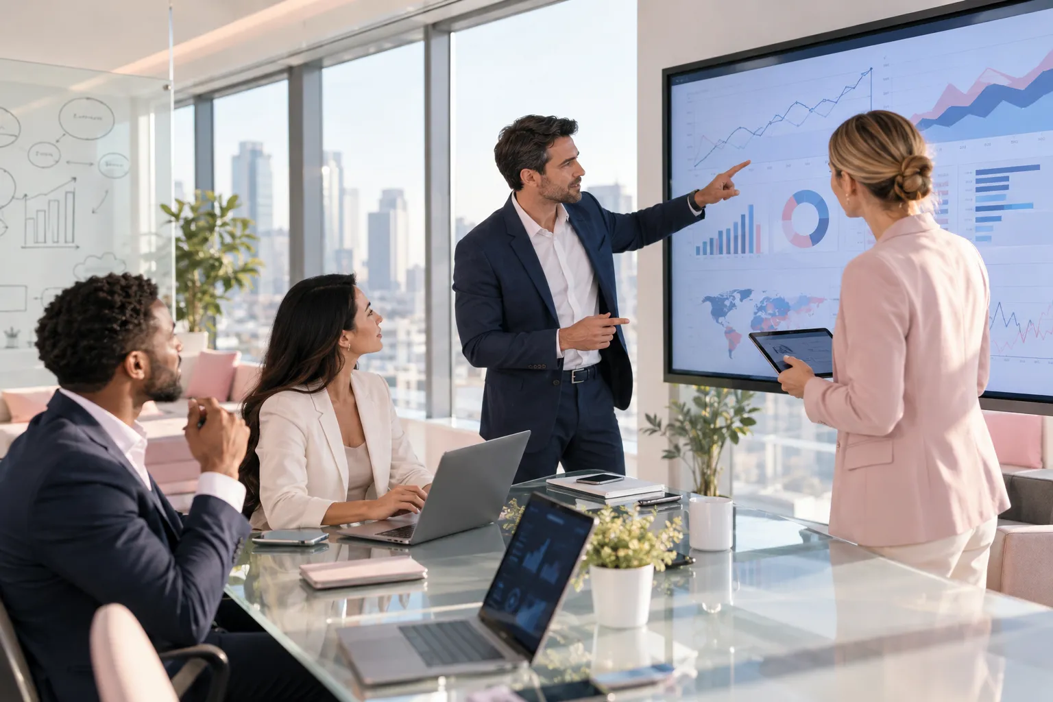 Diverse business professionals collaborating around table in modern office setting