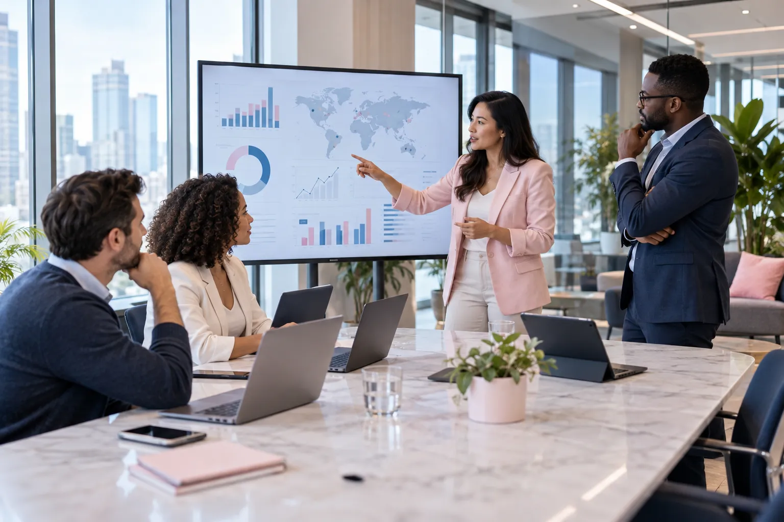 Business professionals collaborating on Amazon FBA selling strategy in modern office