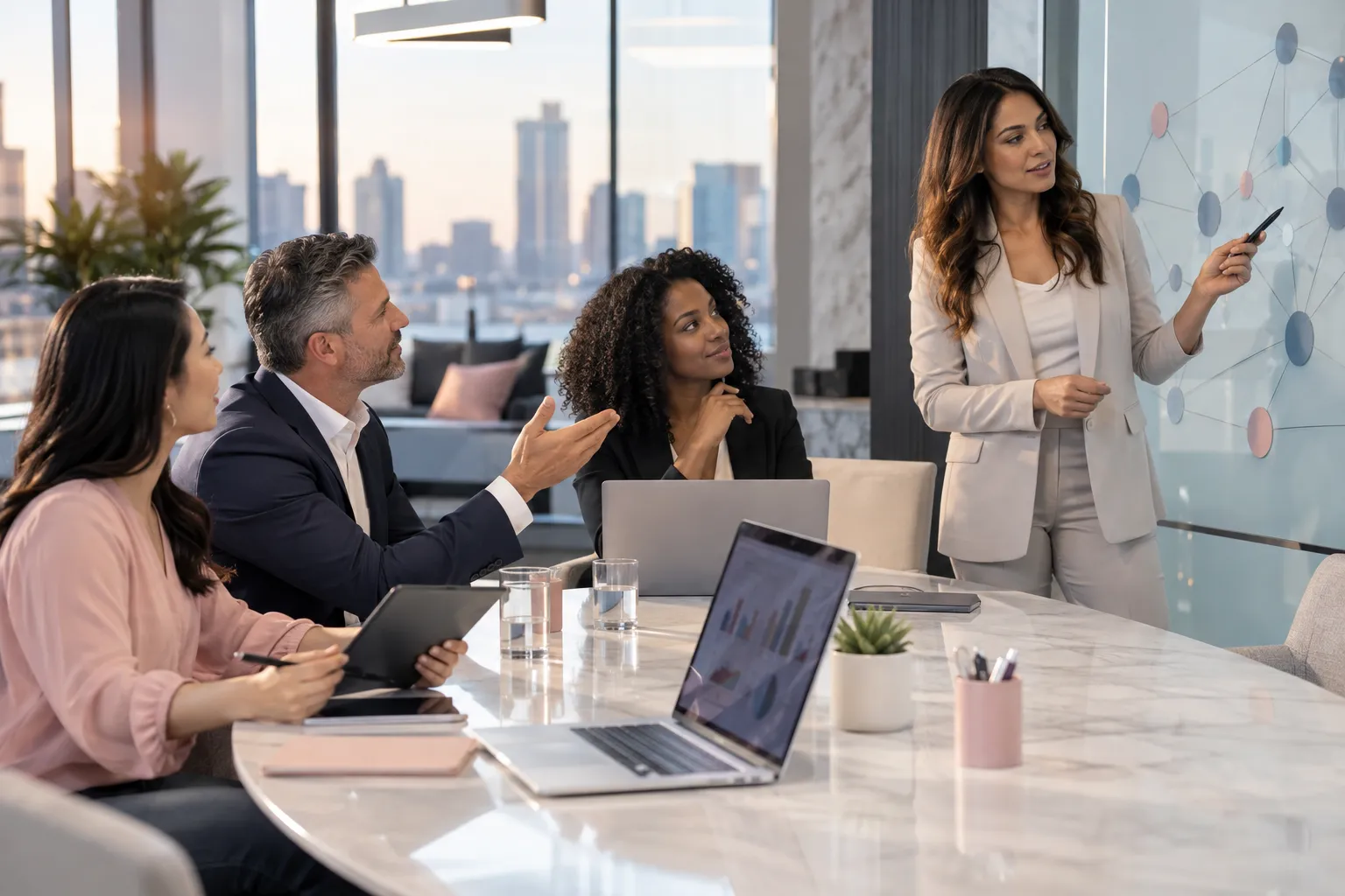 Business professionals collaborating on laptops at modern office networking event