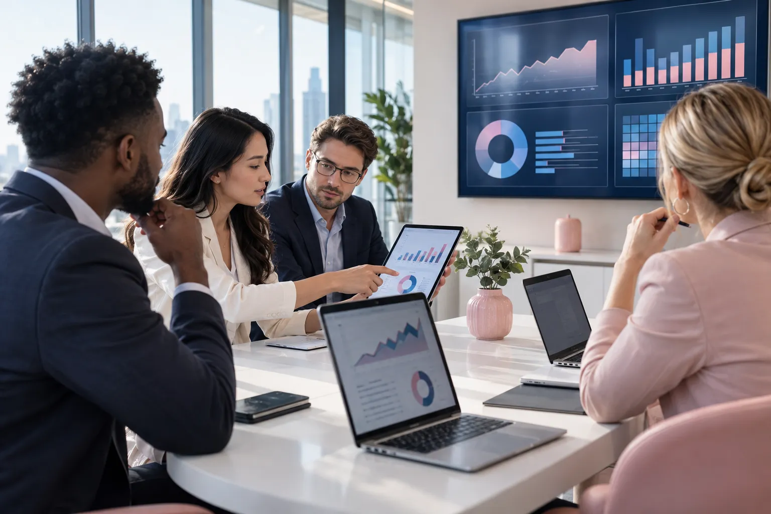 Business professionals collaborating on Amazon FBA software strategy in modern office