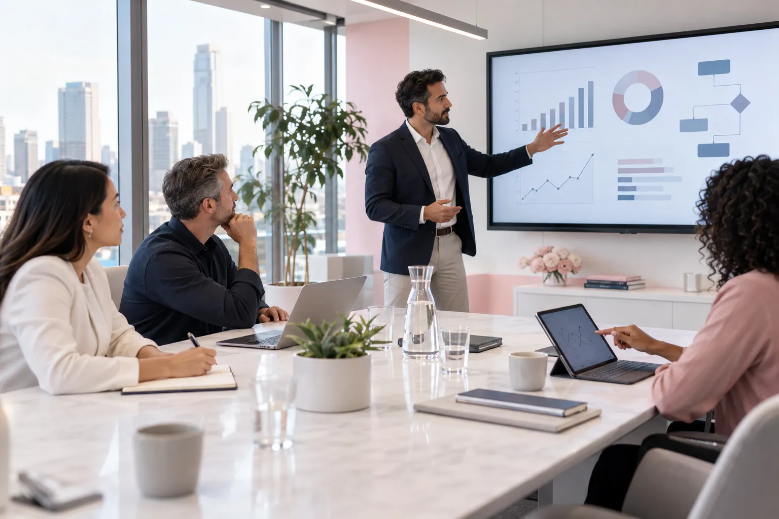 Modern business professionals collaborating on strategic Amazon FBA planning