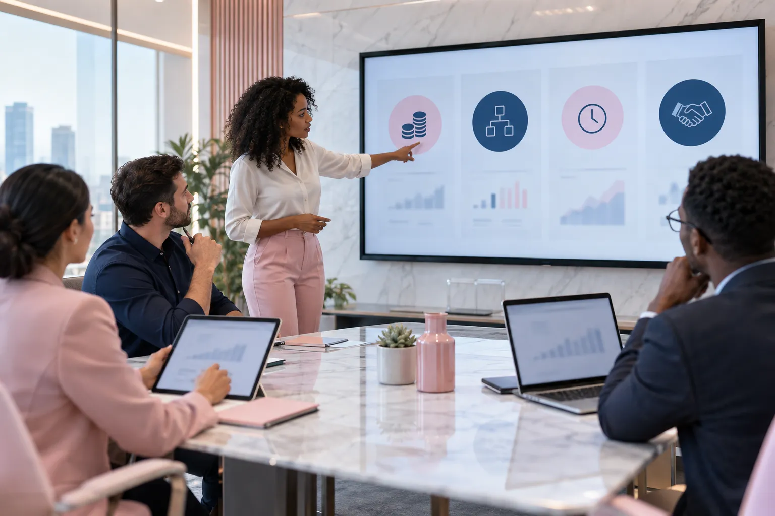 Business professionals collaborating on strategy in a modern office setting