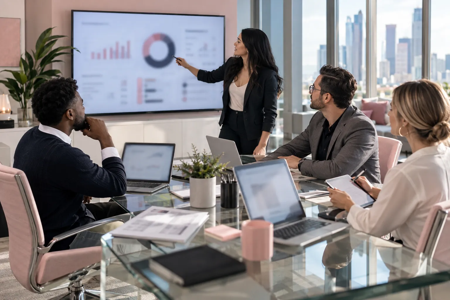 Business professionals reviewing vetting checklist together in modern office