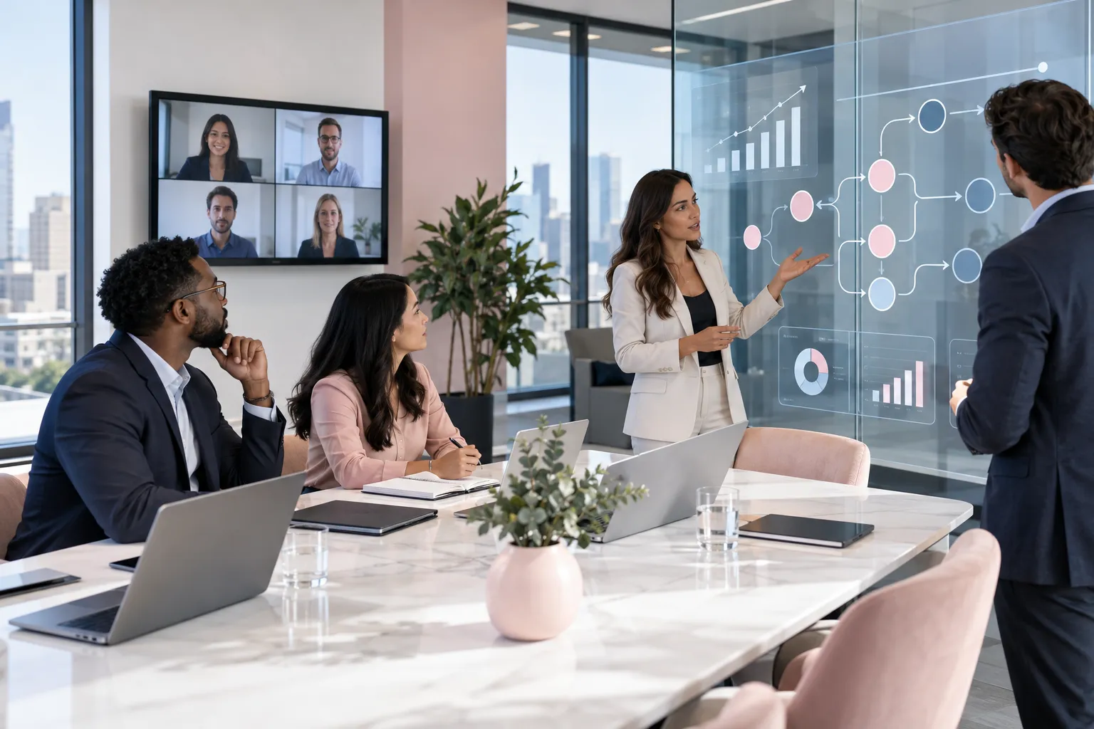 Business professionals collaborating on revenue-stage decision framework chart for Amazon FBA sellers