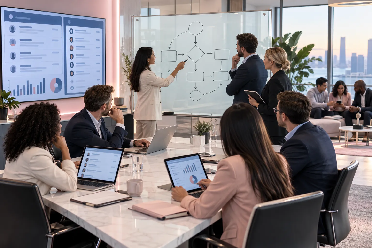 Business professionals collaborating on strategic planning in modern office setting