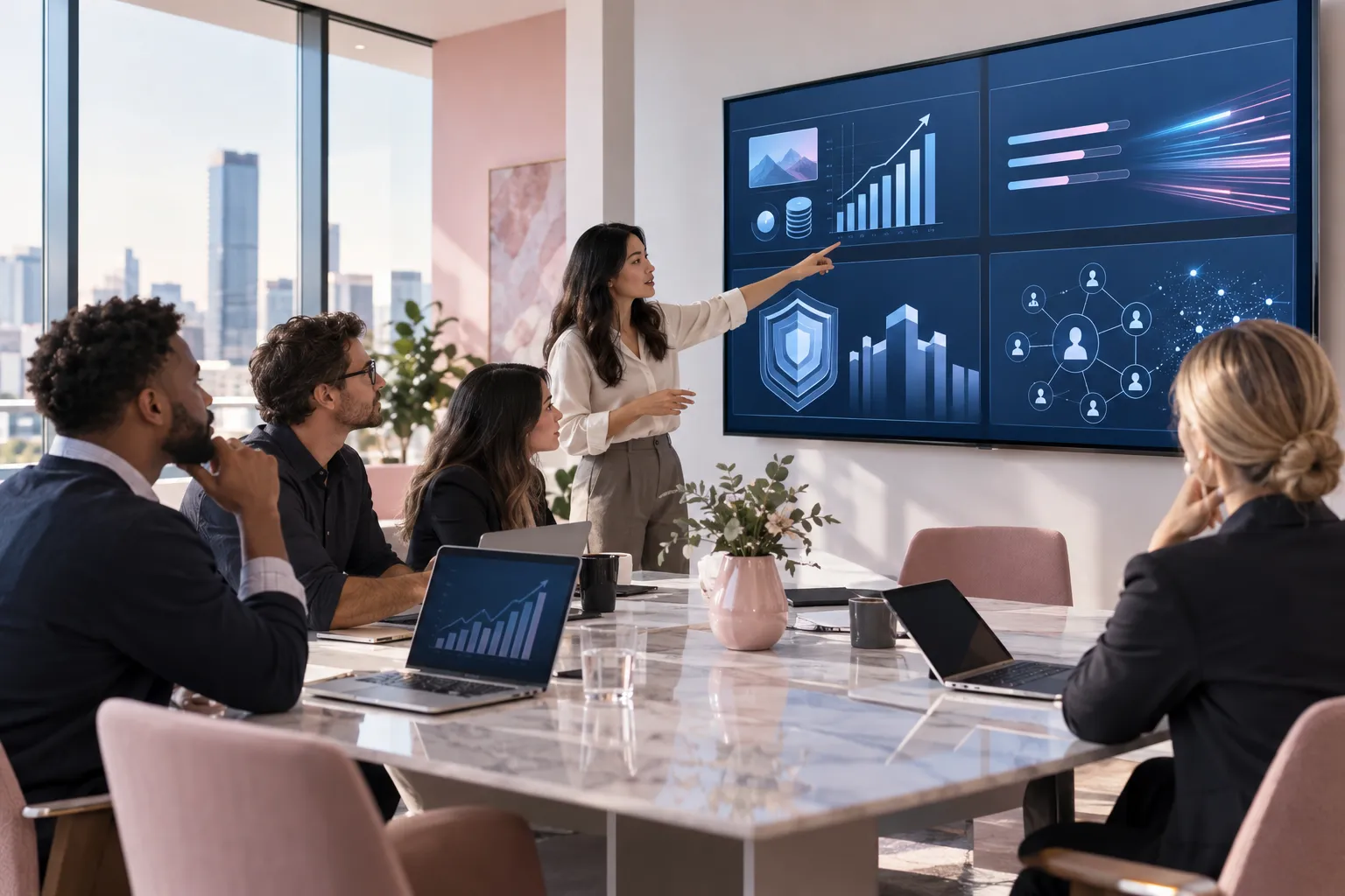 Business professionals collaborating on strategy at a modern conference table