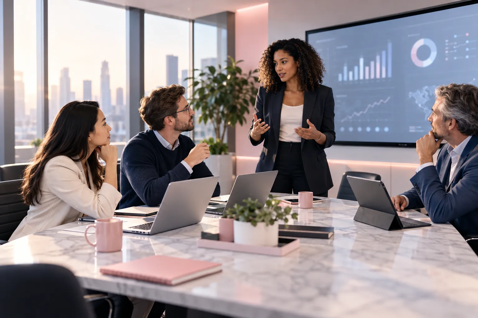 Business professionals collaborating on Amazon FBA strategy planning in modern office