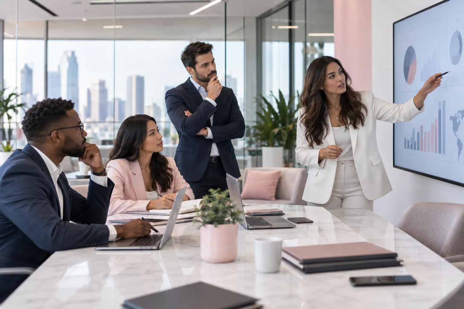 Professional Amazon FBA sellers collaborating on suspension strategies in modern office