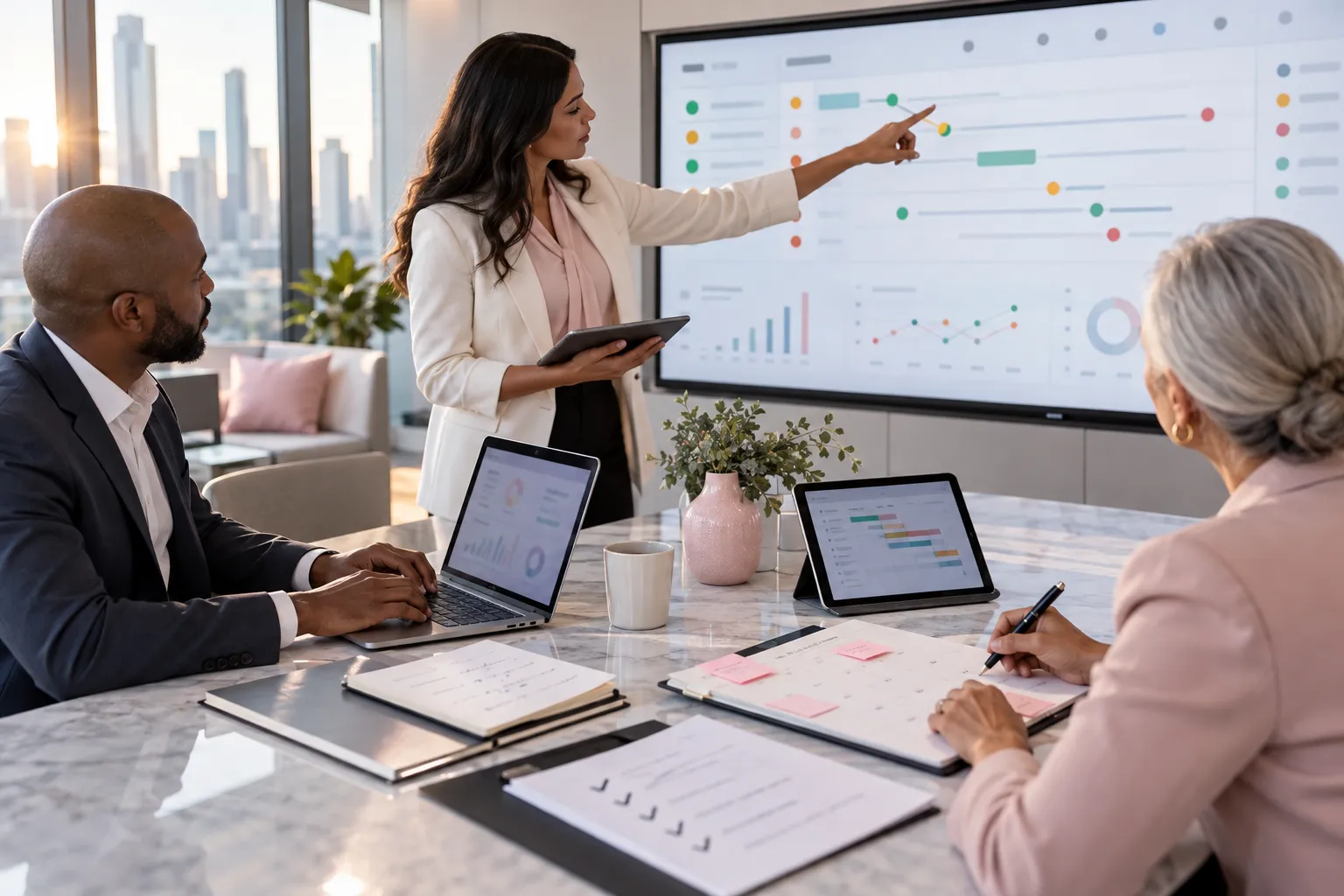 Professional Amazon FBA sellers collaborating on case tracking in modern office