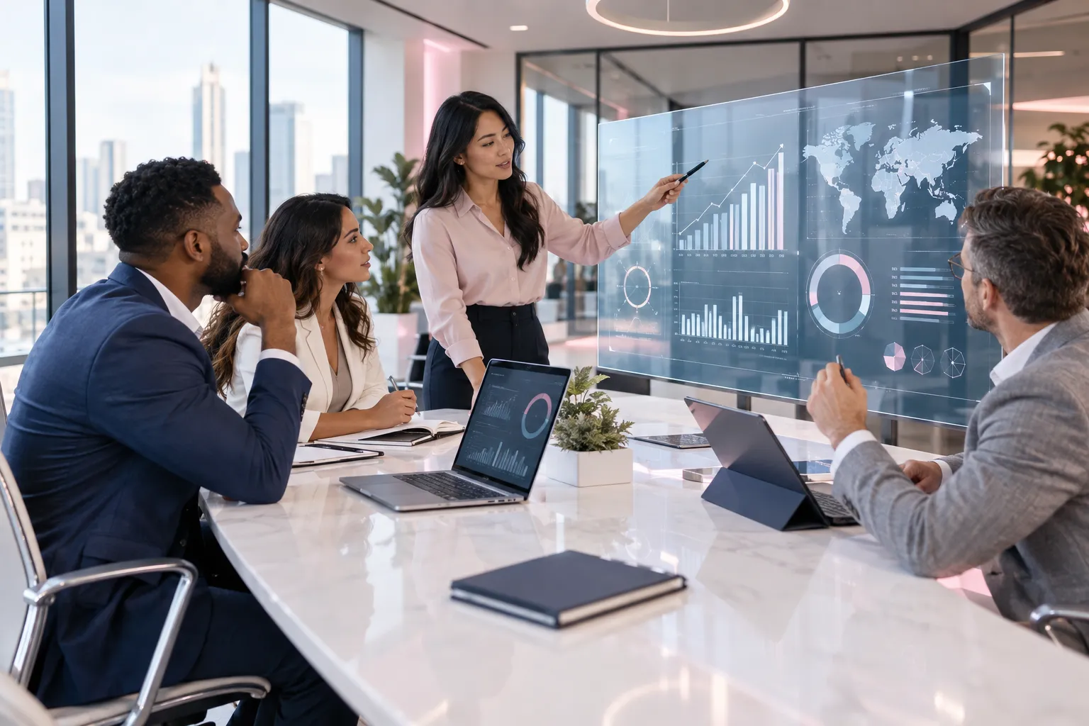 Business professionals collaborating on strategy in a modern office setting