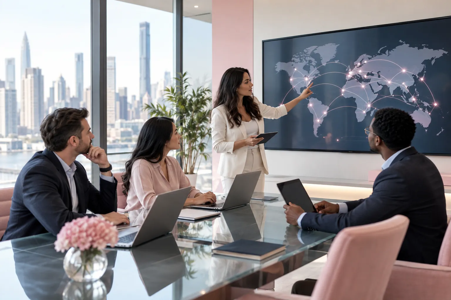 Business professionals collaborating on international Amazon expansion strategy map