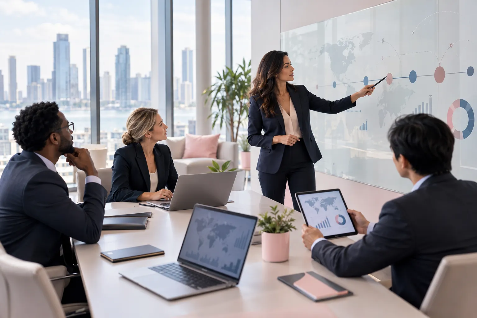 Business professionals collaborating on a 90-day international expansion roadmap