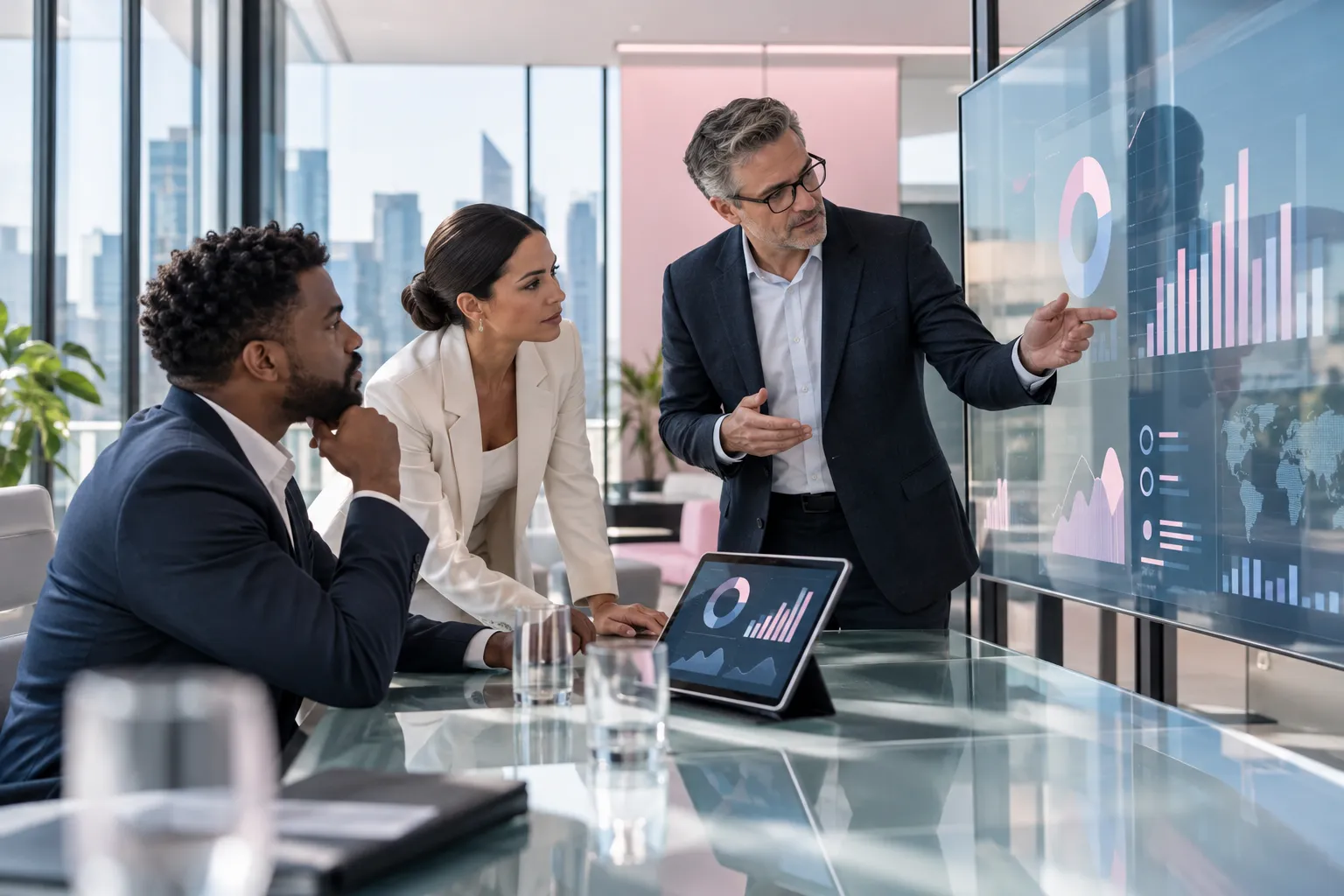 Business professionals reviewing supplier sourcing evaluation charts in modern office
