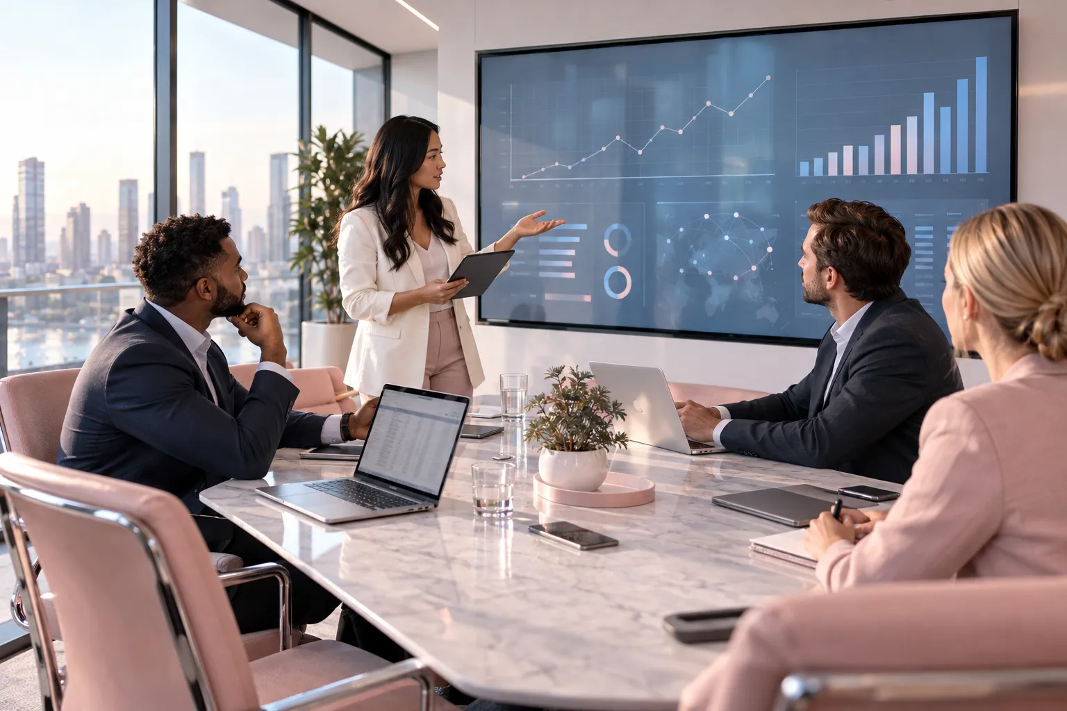 Diverse business team planning Amazon FBA sourcing strategy in modern office