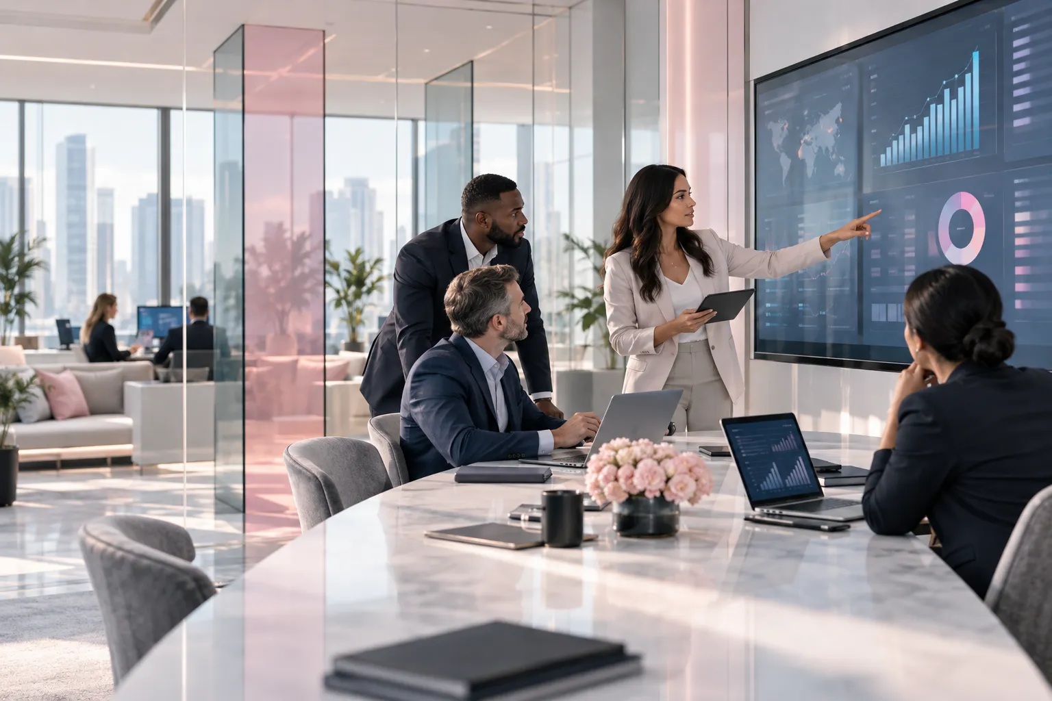 Professional business team collaborating on strategy in a modern office