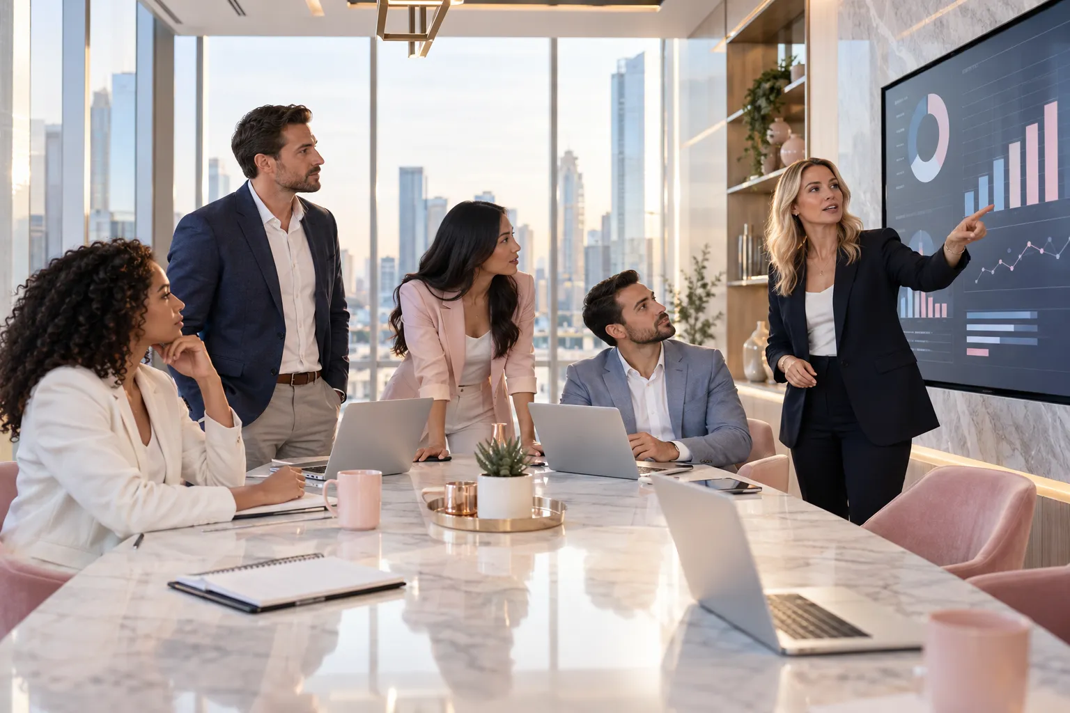 Business professionals collaborating around a table comparing free and paid peer groups
