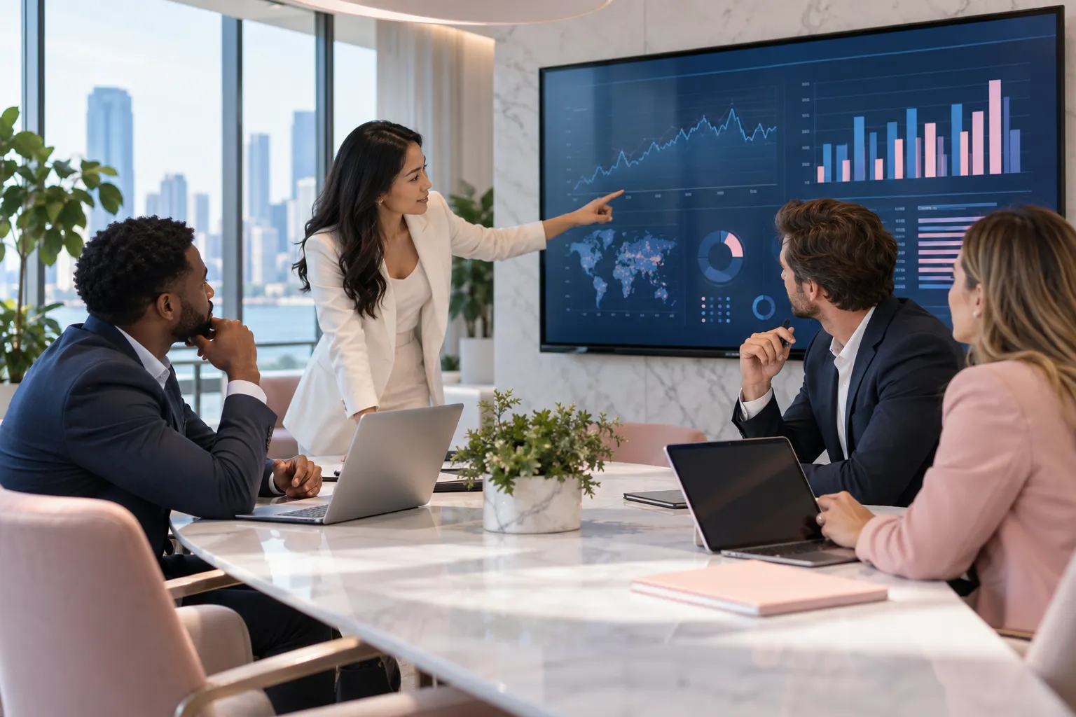 Diverse business professionals collaborating around table in modern office