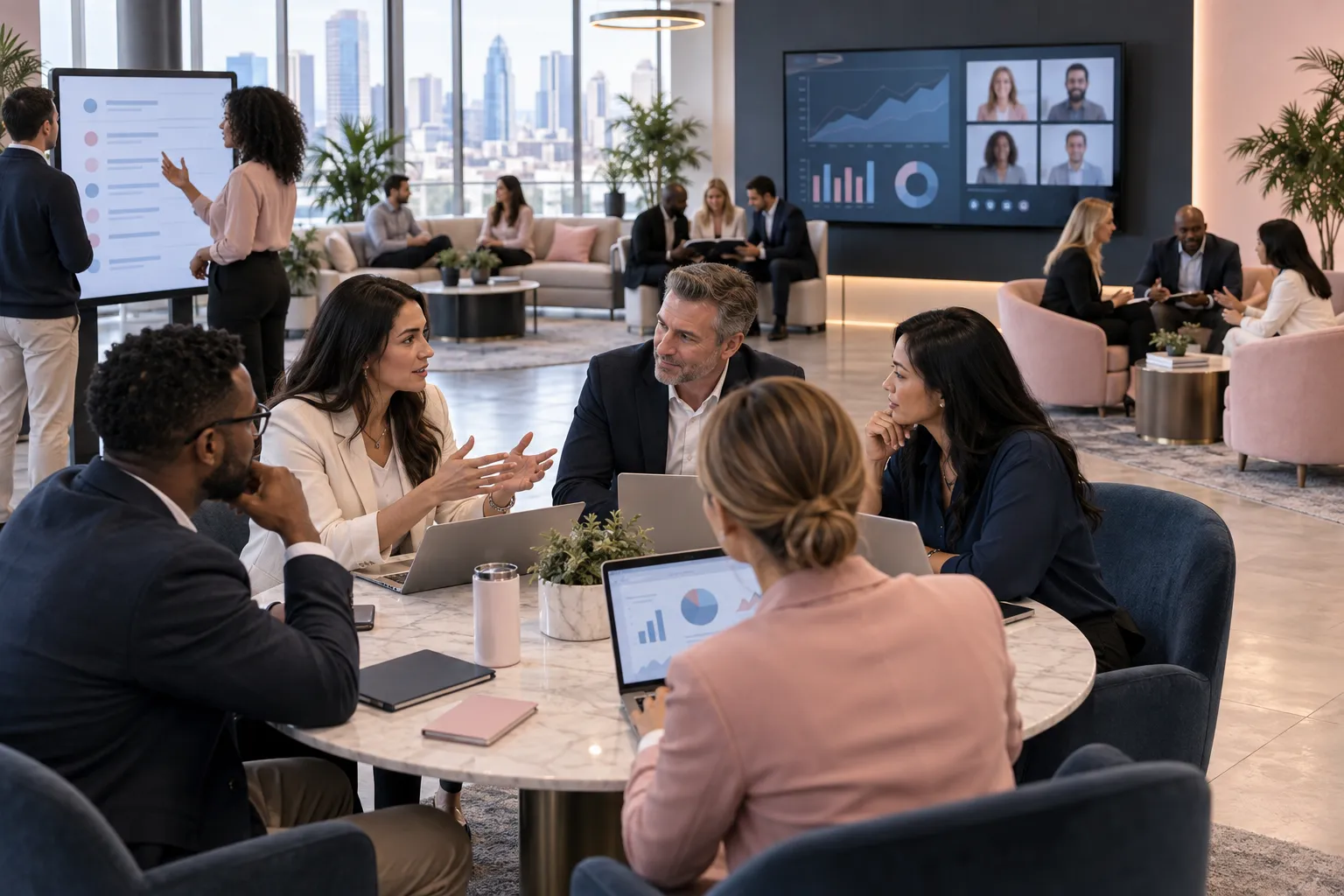 Business professionals collaborating on Amazon FBA pricing strategy in modern office