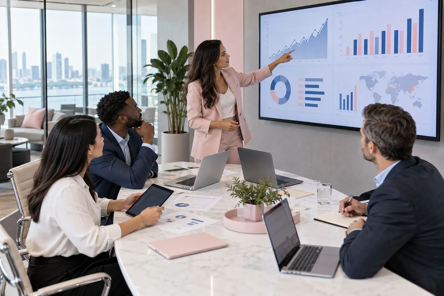 Professional business setting showing Amazon FBA sellers collaborating on strategic planning