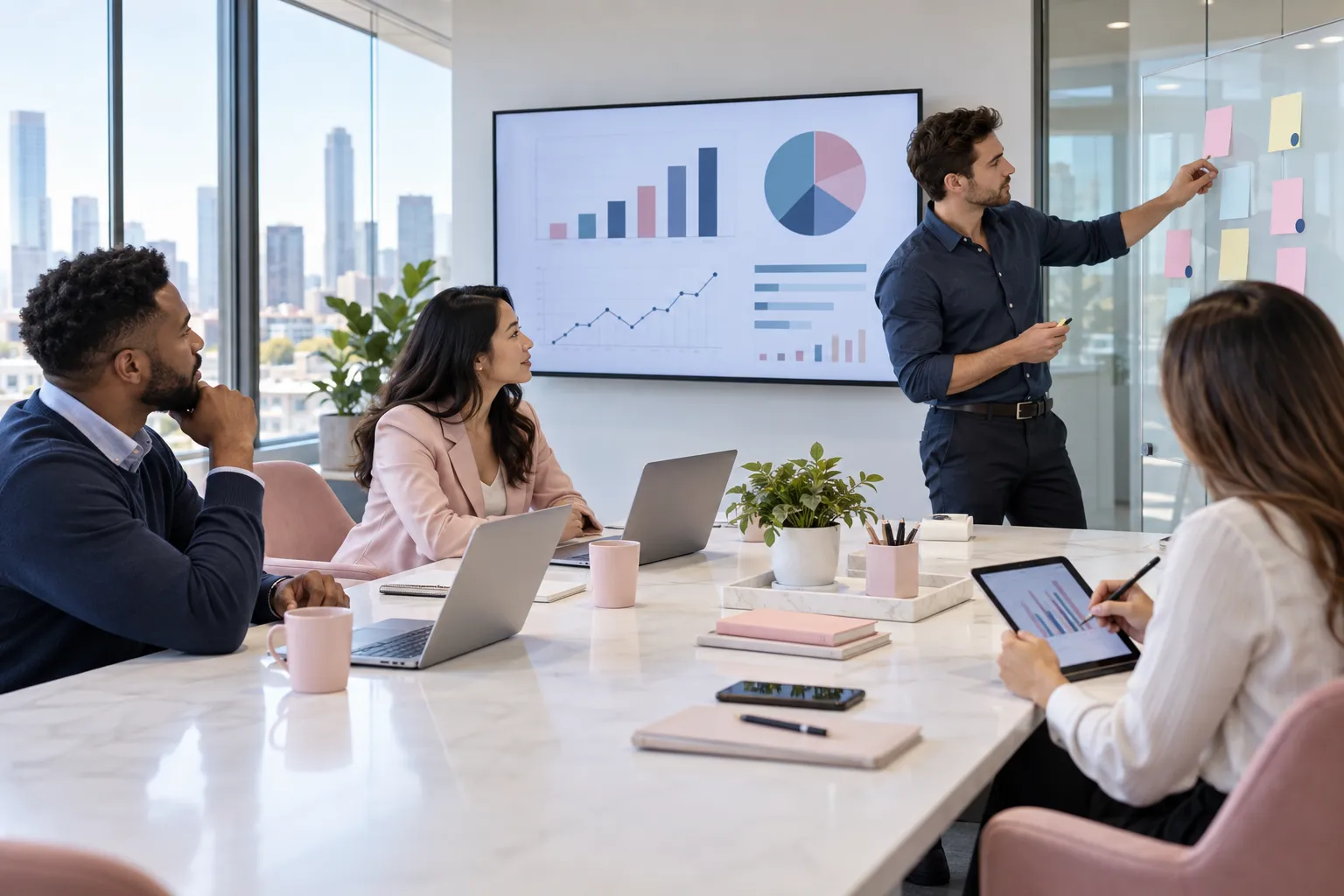 Business professionals collaborating on Amazon FBA strategy in modern warehouse office