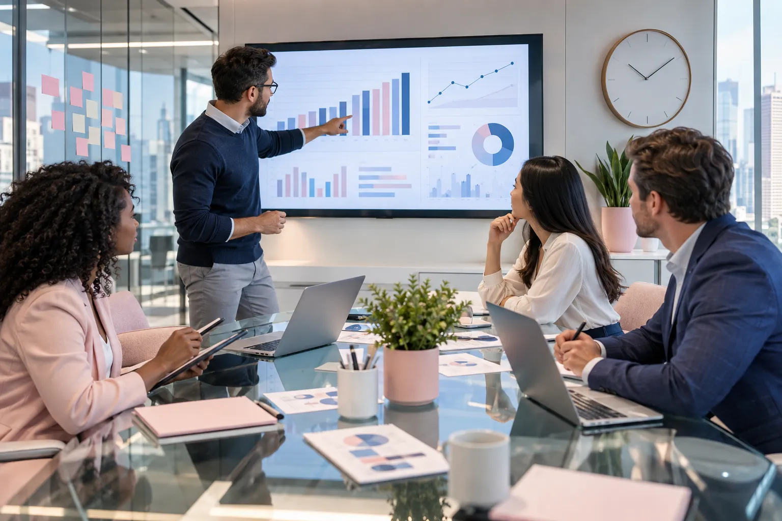 Business professionals collaborating on Amazon FBA affordability strategy in modern office