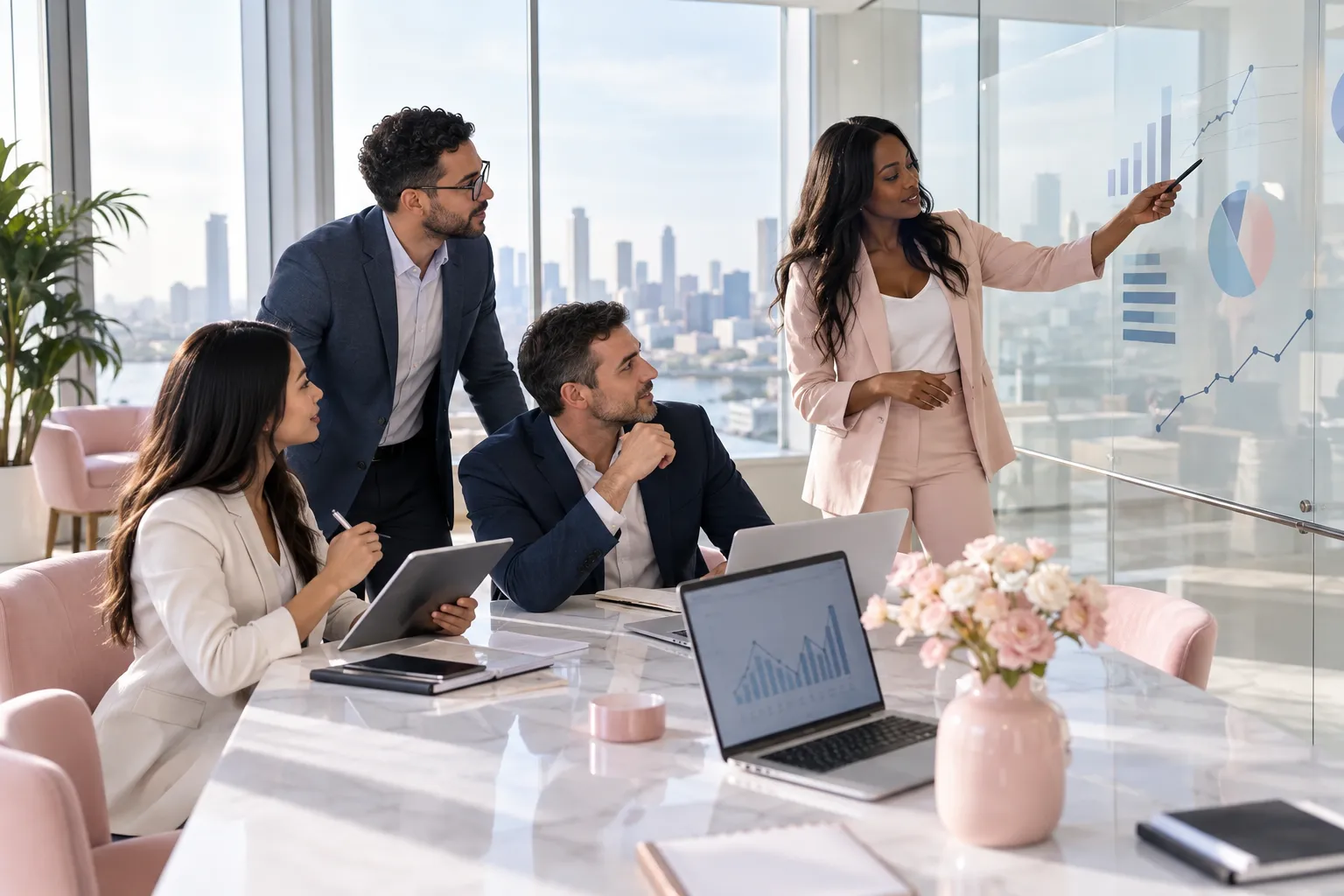 Business professionals collaborating on Amazon FBA seller strategy in modern office