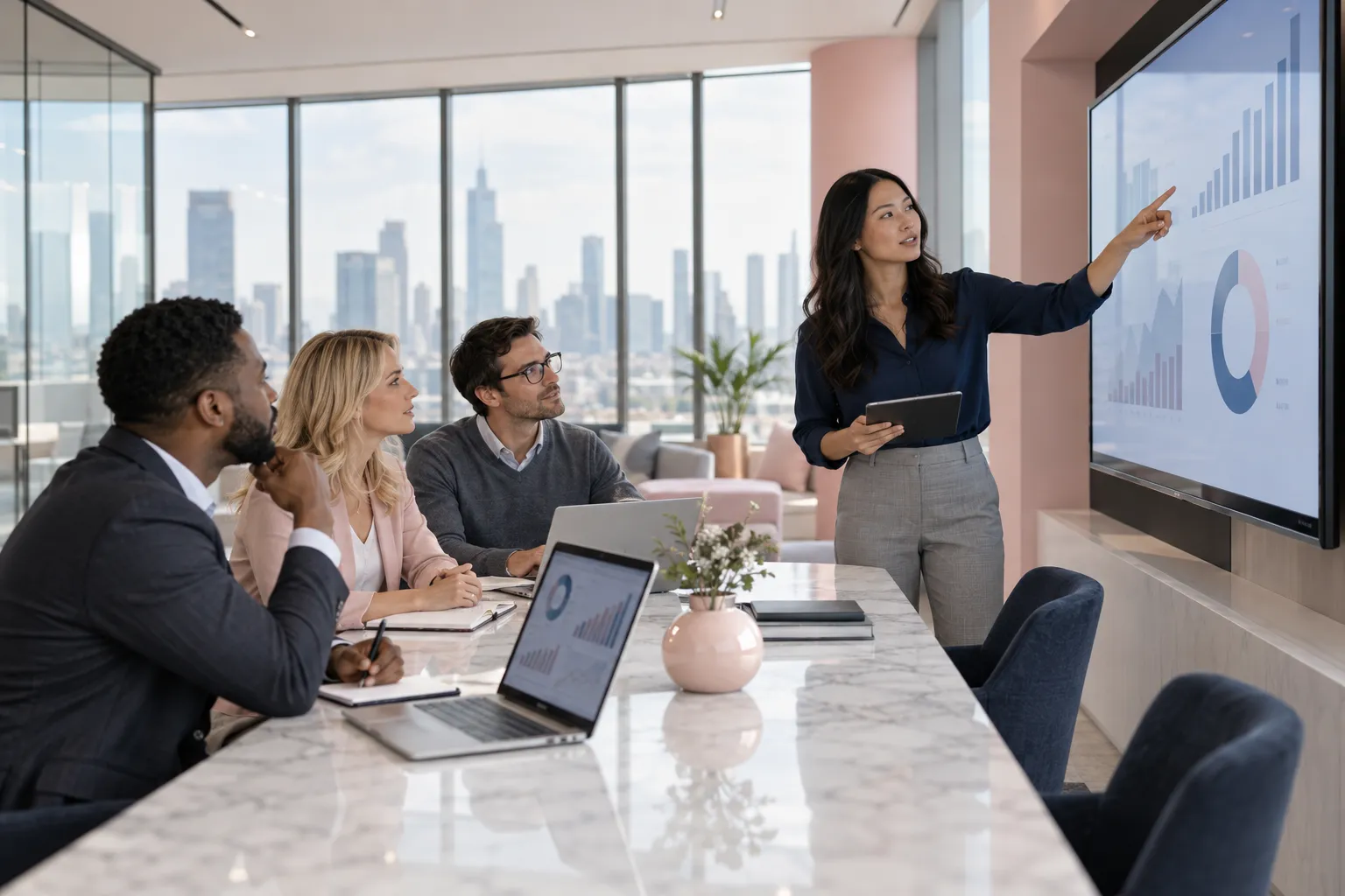 Amazon FBA sellers collaborating around a table in modern office