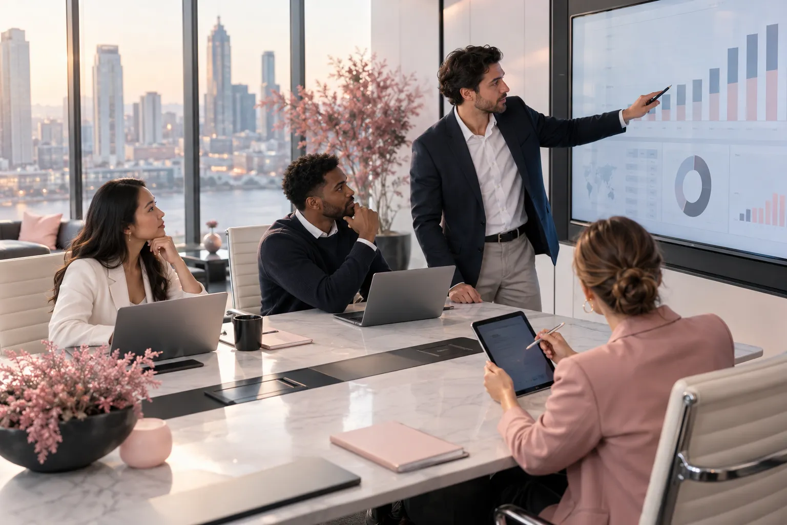 Diverse Amazon FBA sellers collaborating on strategic plans in modern office