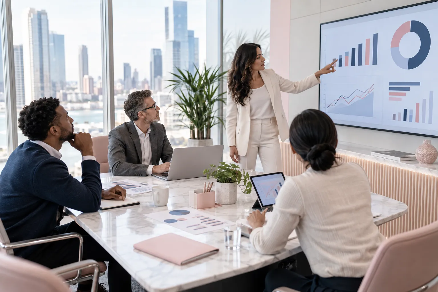 Business professionals collaborating on Amazon FBA training evaluation in modern office
