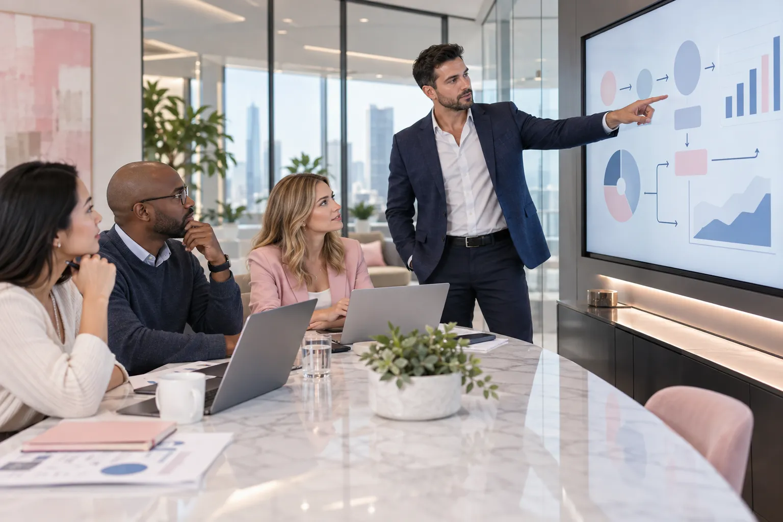 Two Amazon FBA sellers collaborating over laptop in modern office